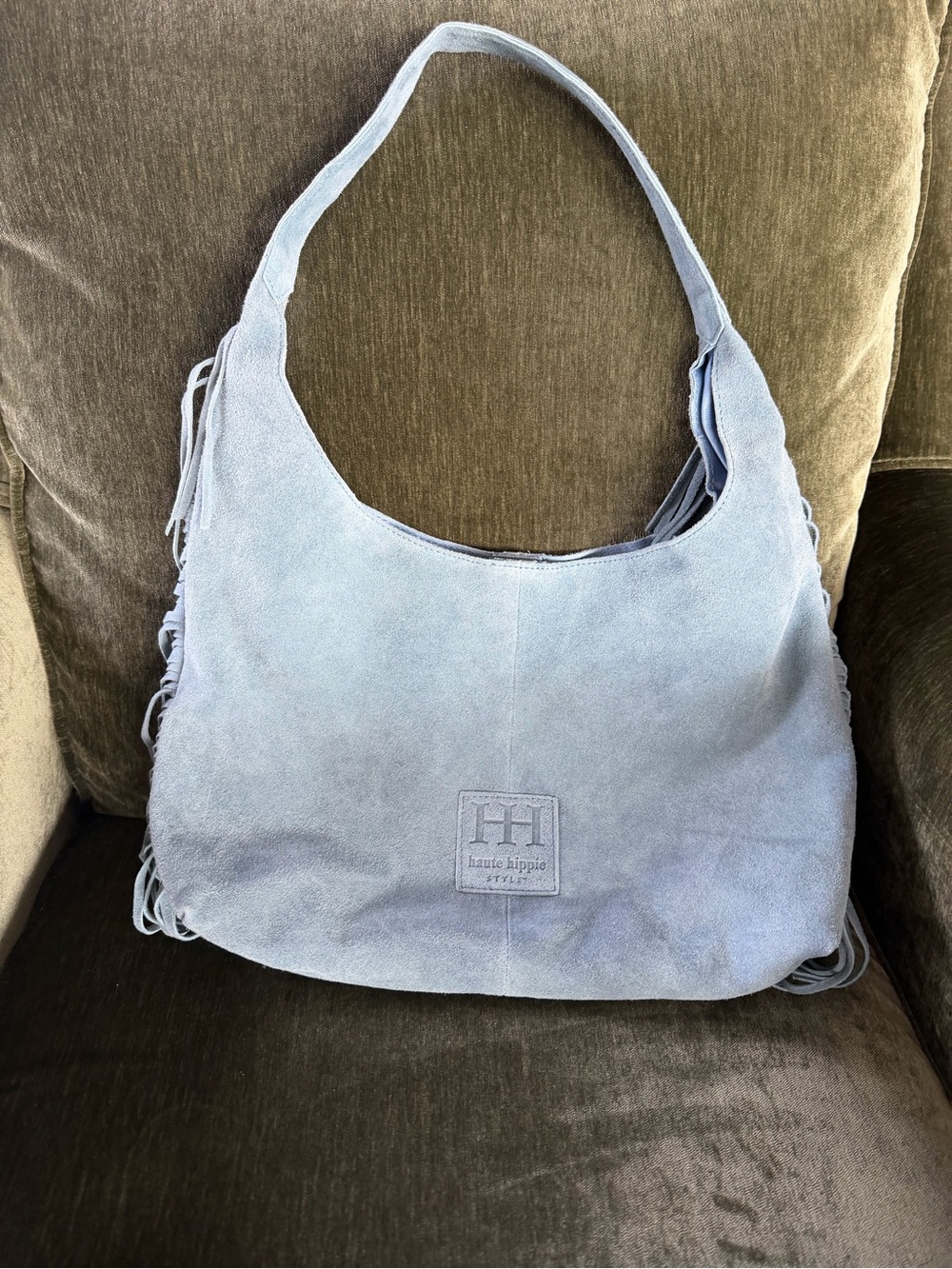 Haute Hippie Pale Blue Suede Shoulder Hobo with Fringe